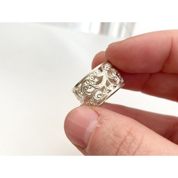 Ornate Cutout Floral Straight Chunky 925 Sterling Silver Vintage Ring - sz 6 - Picture 10 of 11